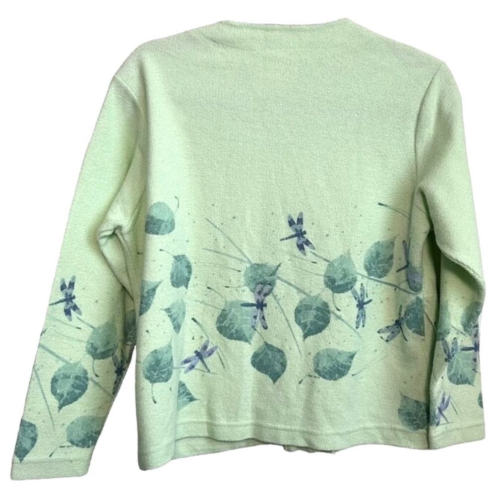 Vtg Artisans Screen Print Dragonfly Cardigan S Sage Green Botanical USA Cotton - Picture 4 of 10